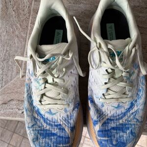 Hoka Cream and Blue Athletic Shoes